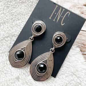 INC Teardrop Earrings Silver Tone Faux Onyx Textured New